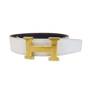 HERMES 白/藍色 牛皮 H 皮帶 Y刻 90CM Y刻